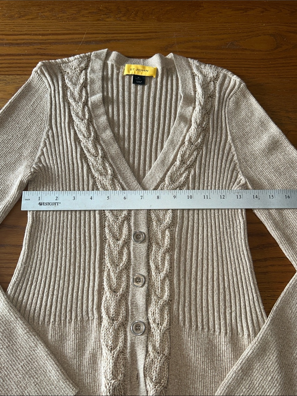 Flawless St John Cashmere Silk Wool Blend Med Cream Cable-Knit Button Sweater - Picture 7 of 12